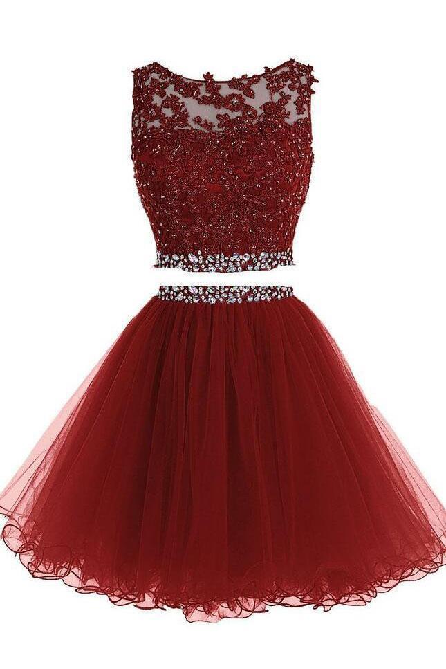 Sexy Two Pieces Burgundy  Lace Beaded Short Homecoming Dresses 2018, BDY0342