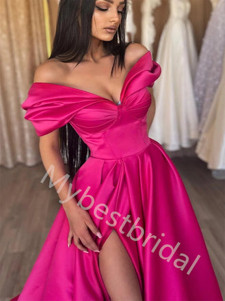 Sexy V-neck Off shoulder Side slit A-line Prom Dresses,PDS0757