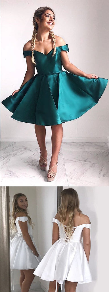 A-line Off-the-Shoulder Green Satin Homecoming Dress ,Short Prom Dresses,BDY0349