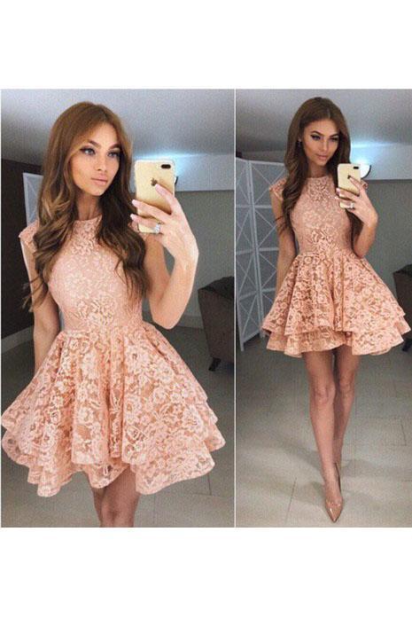 High Neck Peach Lace Cute Short Homecoming Dresses 2018, BDY0284