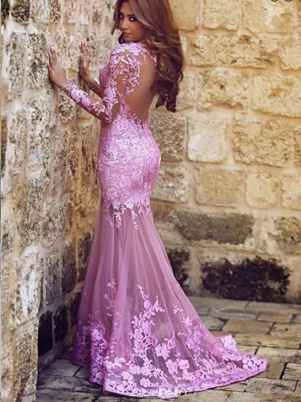 Mermaid Long Sleeves Open Back Purple Tulle Prom Dress ,Cheap Prom Dress,PDY0396
