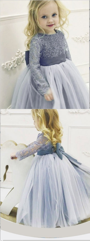 A-Line Grey Tulle Flower Girl Dress with Lace Bowknot ,Cheap Flower Girl Dresses ,FGY0218