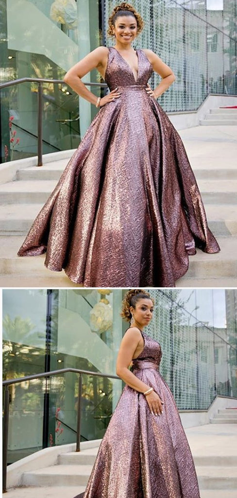 A-line V-neck Chocolate Satin Long Prom Dresses,Cheap Prom Dresses,PDY0458
