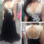 V-neck White Lace Top Long A-line Black Chiffon Open Back Prom Dresses, BG0230