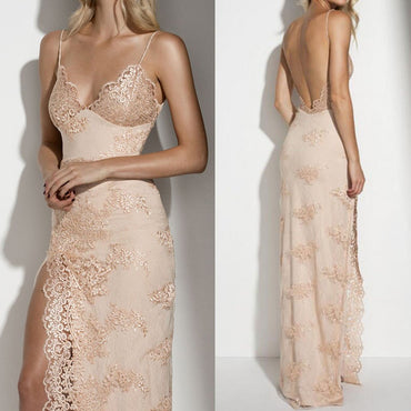 Spaghetti Sexy Backless Long Sheath Gold Lace Side Slit Prom Dresses, BG0231