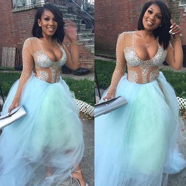 Sexy See Through Long Sleeve Beaded Light Blue Tulle Prom Dresses, BG0232