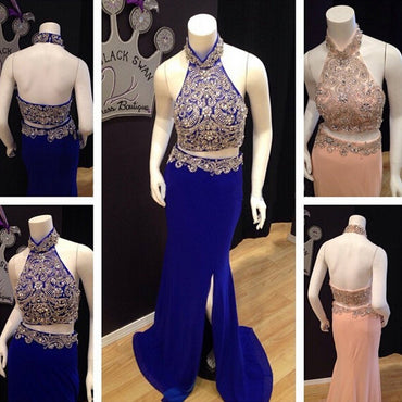 Two Pieces High Neck Rhinestone Beaded Side Slit Jersey Prom Dresses, BG0233