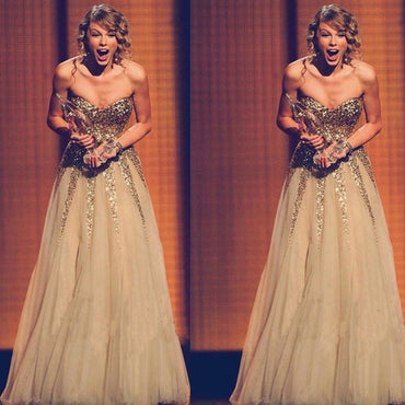 Taylor Swift Celebrity Inspired Sweetheart Gold Sequin Tulle Long Prom Dresses, BG0234