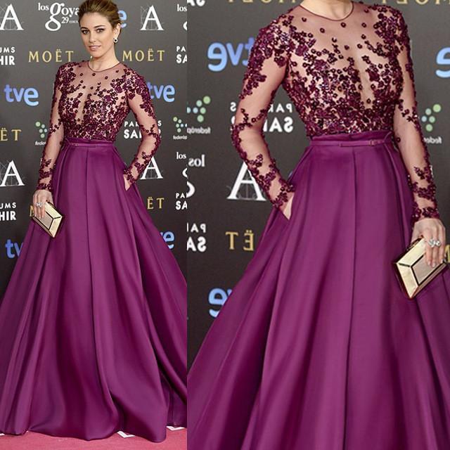 Red Carpet Inspired Plum See Through Beaded Sexy Long Sleeve A-line Satin Prom Dresses, BG0235