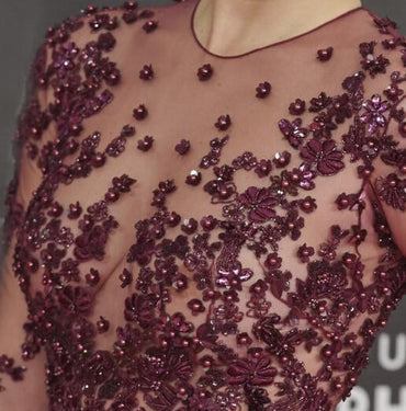Red Carpet Inspired Plum See Through Beaded Sexy Long Sleeve A-line Satin Prom Dresses, BG0235