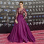 Red Carpet Inspired Plum See Through Beaded Sexy Long Sleeve A-line Satin Prom Dresses, BG0235