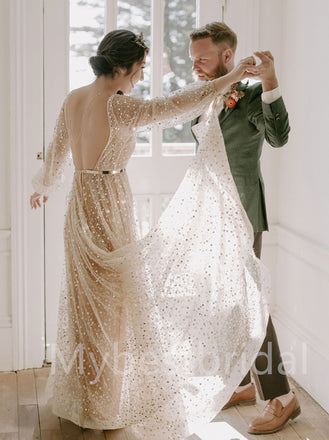 Simple V-neck Lone sleeves  A-line Open back Wedding Dresses, WDY0221