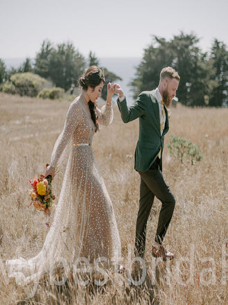 Simple V-neck Lone sleeves  A-line Open back Wedding Dresses, WDY0221