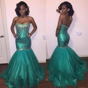Sweetheart Green Sequin Rhinestone Long Mermaid Tulle Prom Dresses, BG0238