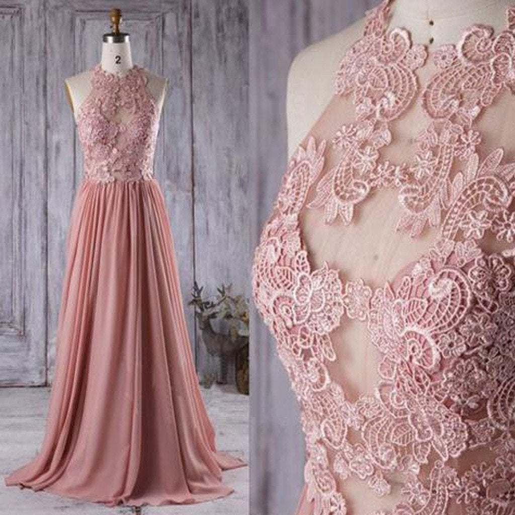 Lace Top See Through Dusty Rose Long A-line Chiffon Prom Bridesmaid Dresses, BG0239