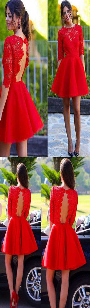Blush red half sleeve see through lace open back charming homecoming prom gown dress, BDY0120