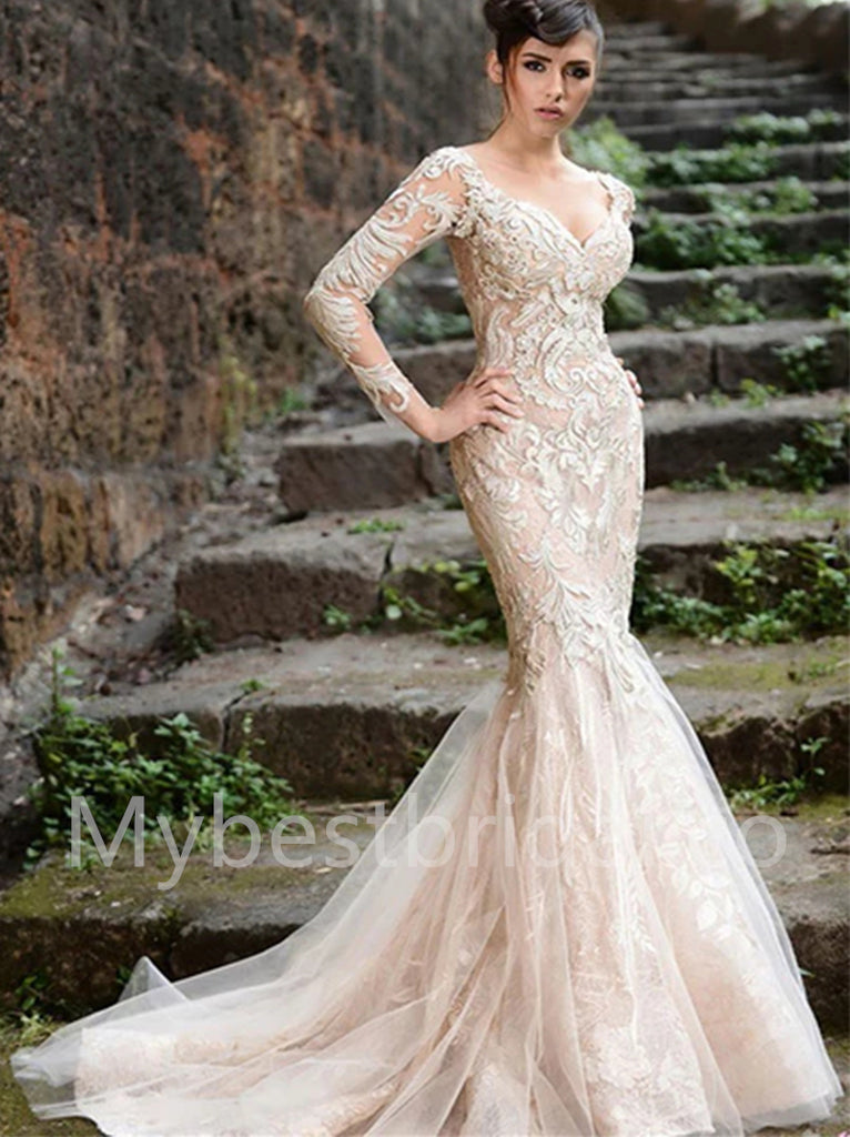 Elegant V-neck Long sleeves Mermaid Lace applique Wedding Dresses, WDY0297