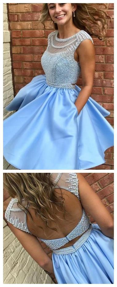 Open Back Blue Cap Sleeve Soop Short Cheap Homecoming Dresses Online, BDY0280