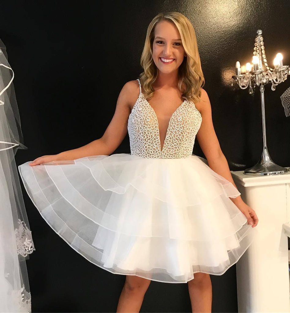Ivory Sexy V Neck Beaded Cute Homecoming Dresses 2018, BDY0191