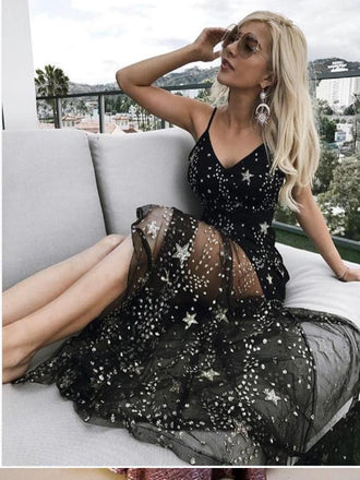 Spaghetti Straps Black Chiffon Long Prom Dresses,Cheap Prom Dresses,PDY0459