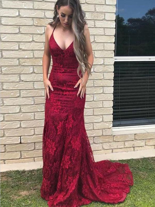 Mermaid Halter Sweep Train Red Lace Prom Dress,Cheap Prom Dresses,PDY0398