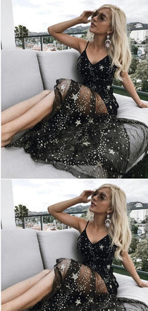 Spaghetti Straps Black Chiffon Long Prom Dresses,Cheap Prom Dresses,PDY0459