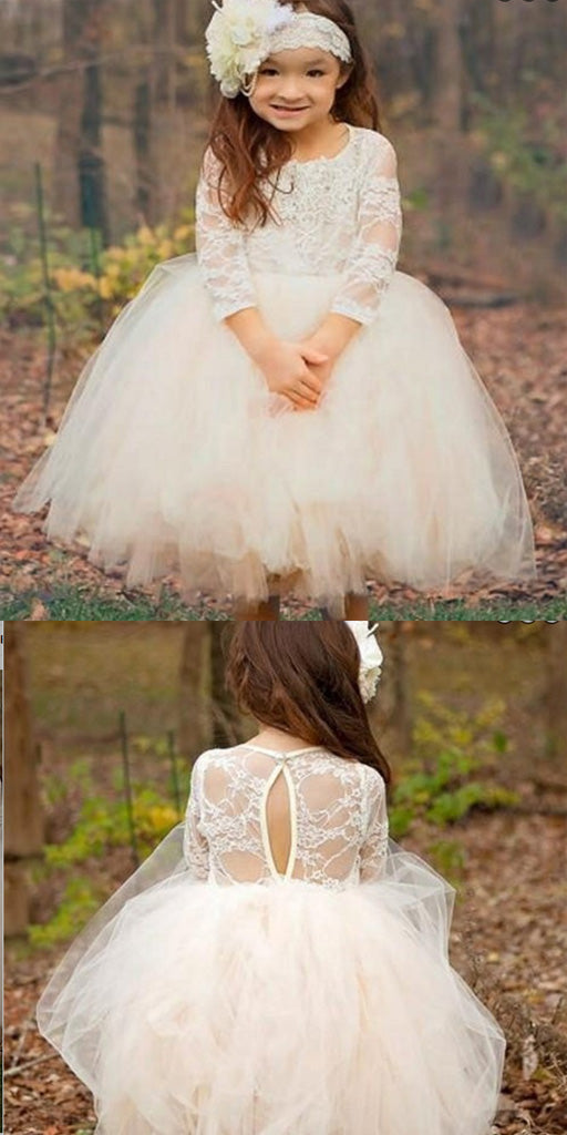 A-line Long Sleeves White Tulle Flower Girl Dresses,Cheap Flower Girl Dresses ,FGY0236