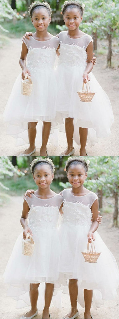 A-Line High Low White Tulle Flower Girl Dress With Appliques ,Cheap Flower Girl Dresses ,FGY0219