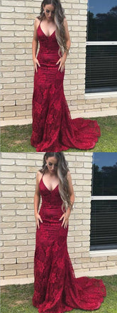 Mermaid Halter Sweep Train Red Lace Prom Dress,Cheap Prom Dresses,PDY0398