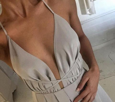 Sexy Halter Light Gray Deep V-Neck Side Slit Satin Prom Dresses, BG0240