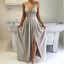 Sexy Halter Light Gray Deep V-Neck Side Slit Satin Prom Dresses, BG0240