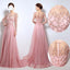 Scoop Neckline See Through Beaded Long Sleeve Pink Chiffon Long Prom Bridesmaid Dresses, BG0243