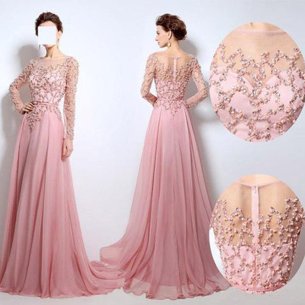 Scoop Neckline See Through Beaded Long Sleeve Pink Chiffon Long Prom Bridesmaid Dresses, BG0243