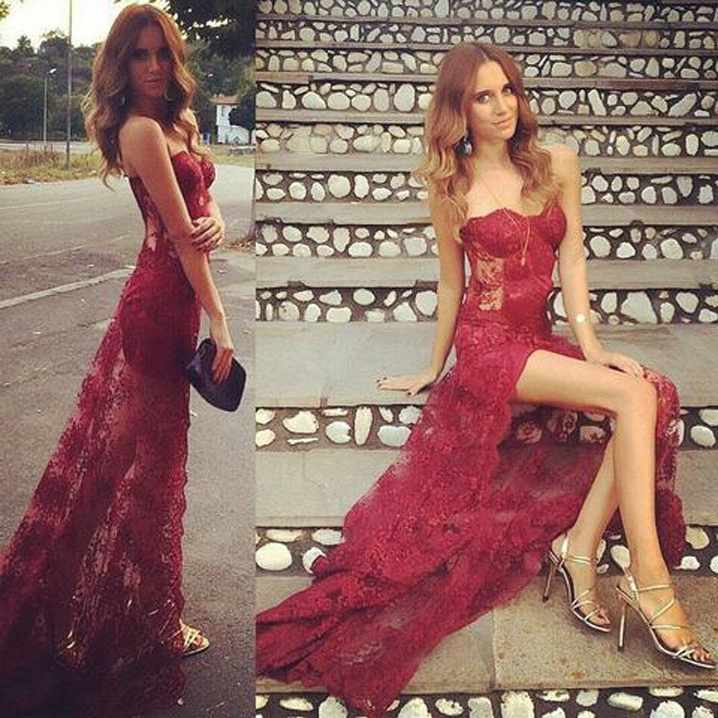 Sweetheart See Through Sext Red Lace Side Slit Long Prom Dresses, BG0244
