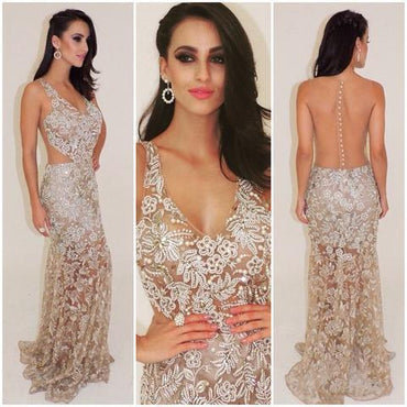 Gorgeous V-Neck See Through Beaded Sexy Long Mermaid Prom Dresses, BG0245
