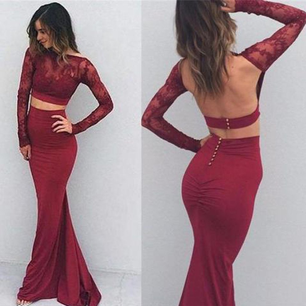 Two Pieces Long Sleeve Maroon Lace Backless Jersey Long Prom Dresses, BG0246