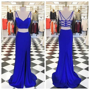 Two Pieces Royal Blue Sexy Side Slit Long Sheath Prom Dresses, BG0258