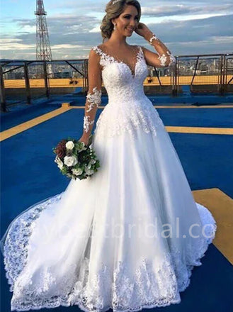 Elegant V-neck Long sleeves A-line Lace applique Wedding Dresses, WDY0295