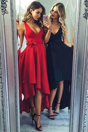 High Low V Neck Simple Cute Red Homecoming Dresses 2018, BDY0283