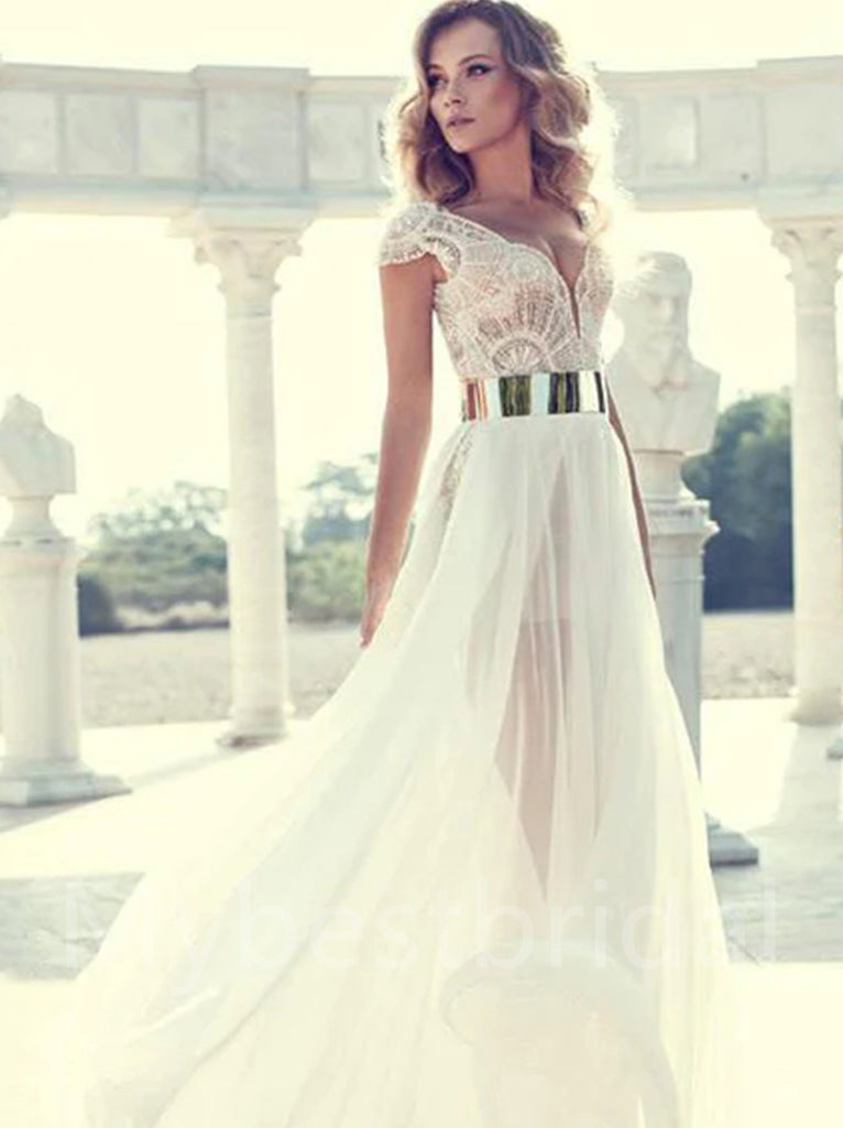 Elegant V-neck  Sleeveless Side slit A-line Prom Dresses,PDS0569