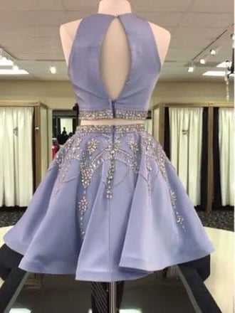 Open Back Grey Beaded Two Pieces Homecoming Dresses 2018,BDY0244