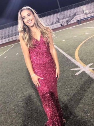 Mermaid Backless Red Sequin Long Prom Dresses,Cheap Prom Dresses,PDY0462