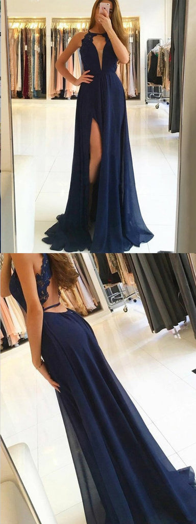A-Line Navy Blue Chiffon Prom Dress With Lace Split ,Cheap Prom Dress,PDY0397