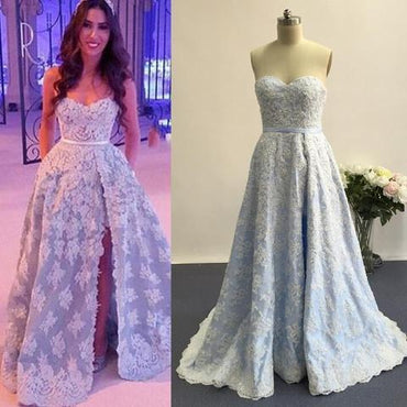 Sweetheart Pretty White Lace Long A-line Side Slit Light Blue Prom Dresses, BG0252