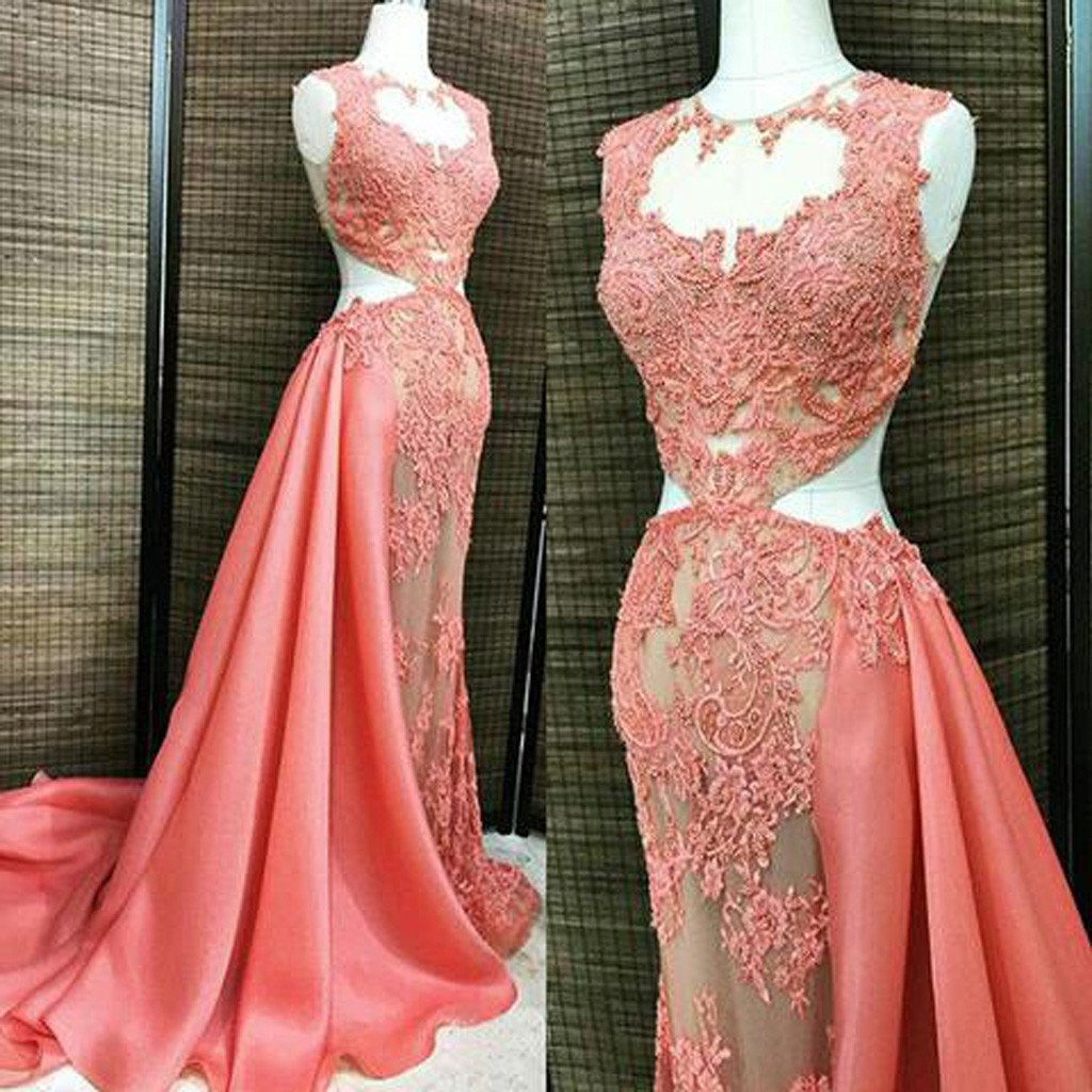 Coral Lace Beaded See Through Long A-line Satin Long Prom Dresses, BG0253
