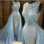 Round Neck See Through Blue Lace Beaded Gorgeous Tulle Prom Dresses, BG0254