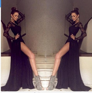 Sexy V-Back Long Sleeve See Through Black Lace Tulle Side Slit Prom Dresses, BG0256