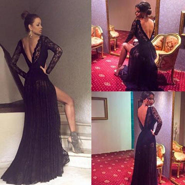 Sexy V-Back Long Sleeve See Through Black Lace Tulle Side Slit Prom Dresses, BG0256