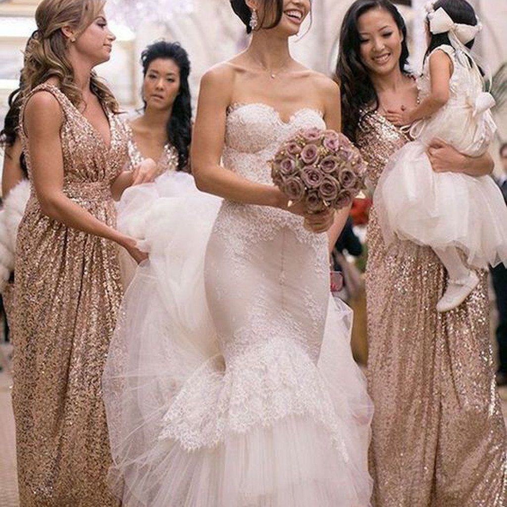Sequin Popular Cheap  Long Off Shoulder V-Neck Floor-Length Bridesmaid Dresses, WGY0113