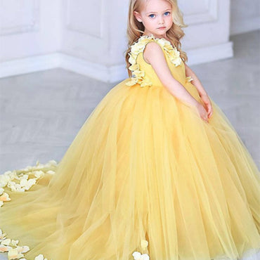 V-Neck Sweep Train Yellow Tulle Flower Girl Dress with Flowers,Cheap Flower Girl Dresses ,FGY0237